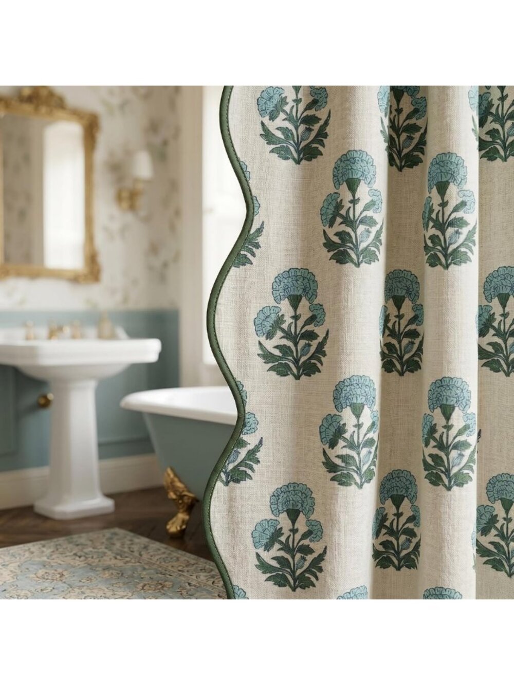Scalloped Block Print Shower Curtain Set with 12 Hooks - Stylish Bathroom Decor